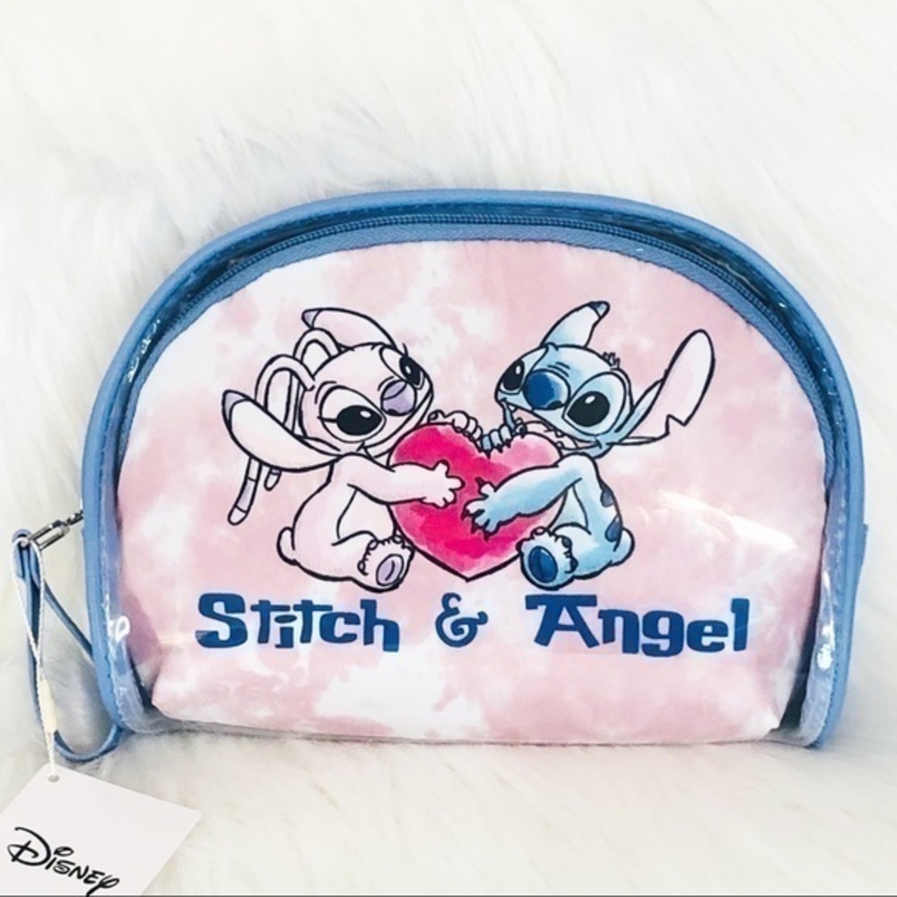 Disney Stitch & Angel 2pc Cosmetic Makeup Bag Set Pink Tie Dye Travel Pouches